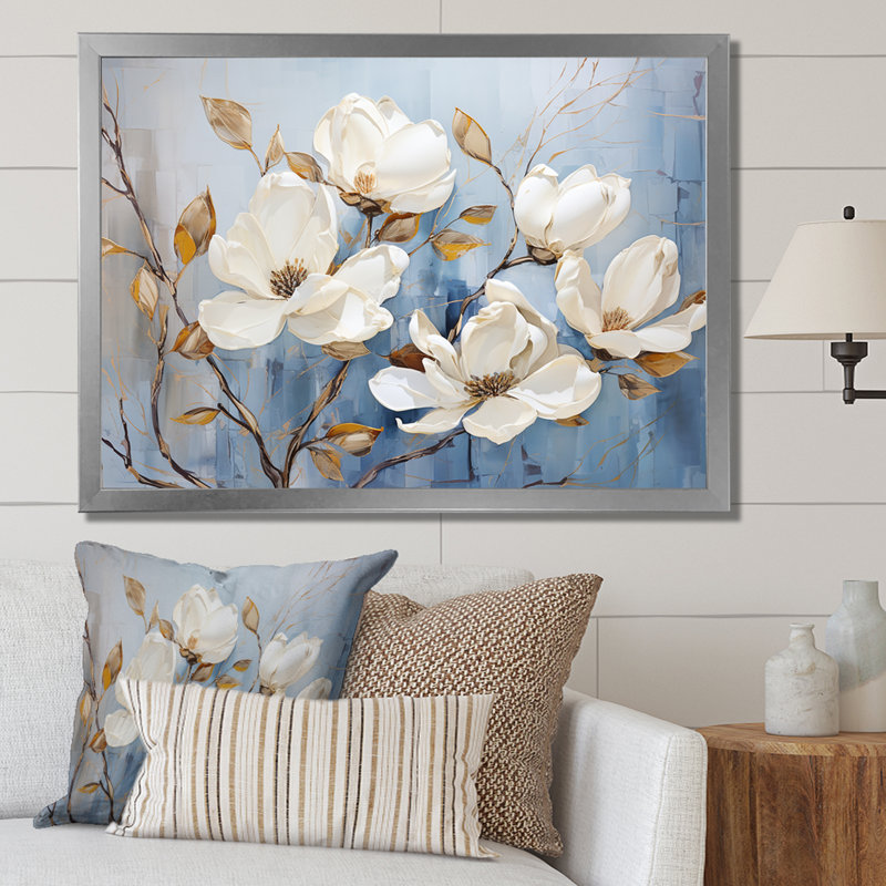 Élégant art mural blanc et bleu Magnolias Bloom VI - Magnolias, Cadre flottant noir, H 34 po x l 44 po x P 1,5 po