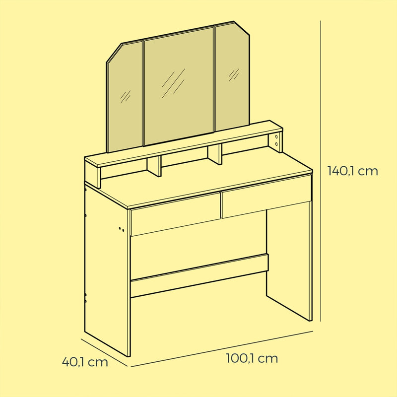 Bureau de coiffeuse VASAGLE, coiffeuse avec miroir à trois volets, coiffeuse de maquillage, 2 tiroirs et 3 compartiments ouverts, coiffeuse, style moderne