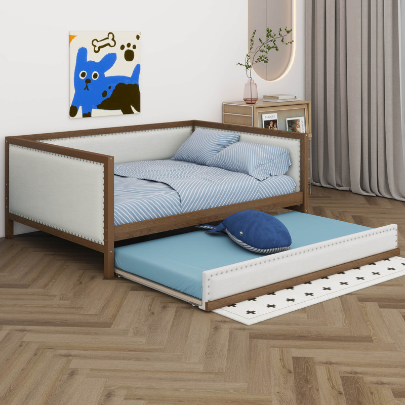 Full Size Upholstered Daybed With Trundle And Nailhead Decoration