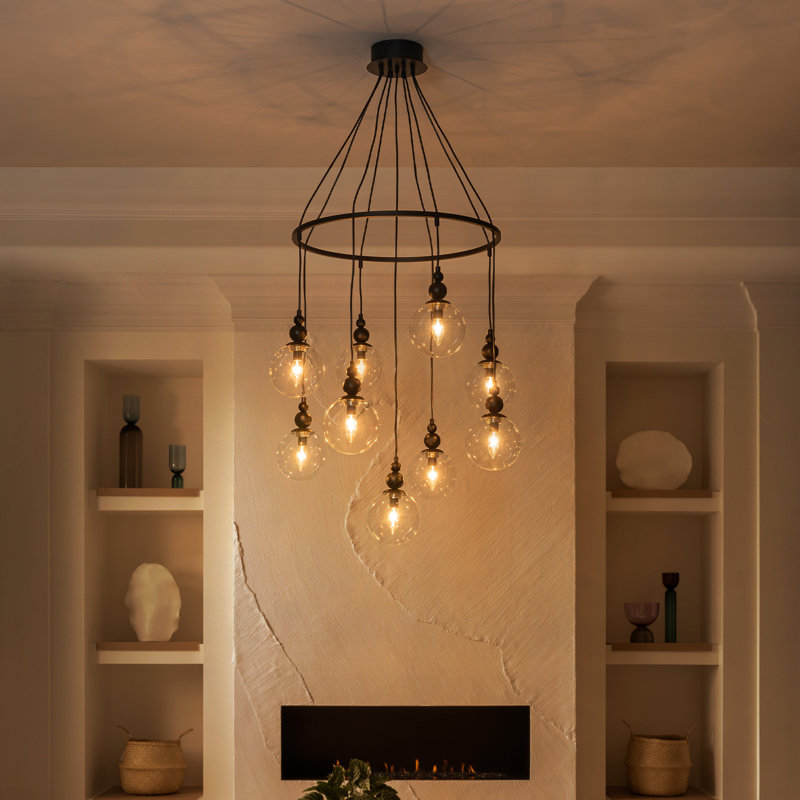 9-Light Matte Black Sputnik Chandelier With Adjustable Cords, Clear Glass Globe Shades, Customizable Starburst Pendant Lighting For Dining Room Kitchen Island, 28.7" Wide, E12 Base, ETL Listed