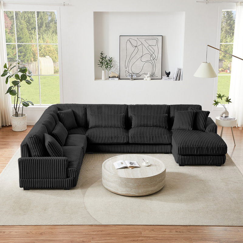 Canapé modulaire en U en velours côtelé avec méridienne, Noir