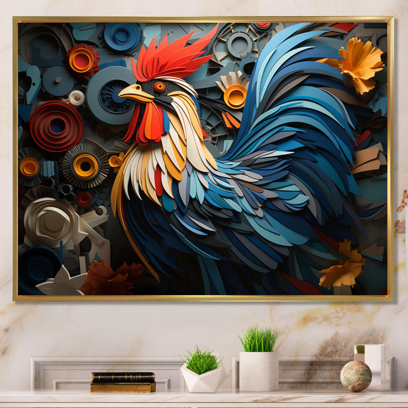 Portrait de coq sur fond géométrique sur toile, H 24 po x l 32 po x P 1 po, Cadre flottant doré