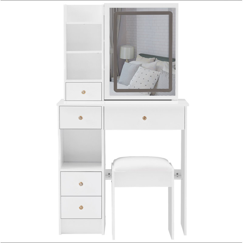 29.2" Small Size Left Drawer Desktop Vanity Table + Cushioned Stool, Large Sliding, Touch Control, Tri-Color Switching, Brightness Adjust LED Mirror, High Capacity Storage, Suitable For Small Space
