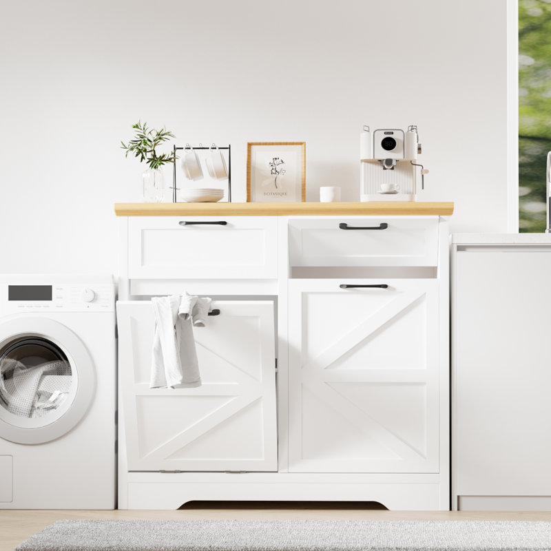 Liora Push-Pull Trash Cabinet With 20 Gallons Wooden Free Standing  (Trash Can Not Included), White/Natural