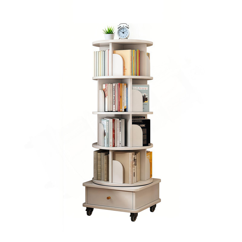 5 Tier Rotating Bookshelf, 360° Display Round Spinning Bookshelf With Wheels And Drawer, Space-Saving, Small Space Rotating Bookshelf Tower For Bedroom, Living Room, Home, Office, Warm White