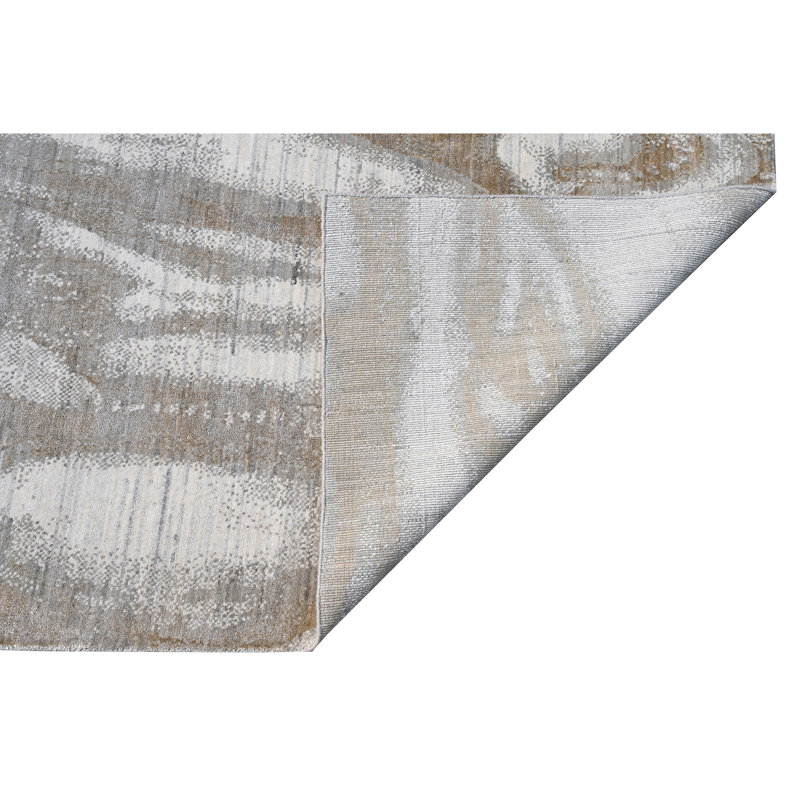 Tapis abstrait gris / blanc en laine / viscose tissé à la main Abstract, Rectangle de 10 pi x 14 pi