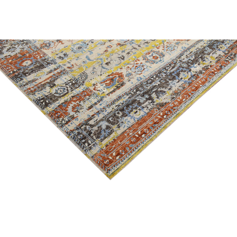 Tapis rectangulaire en laine noué à la main brun clair / brun / gris, Rectangle 6 pi x 9 pi