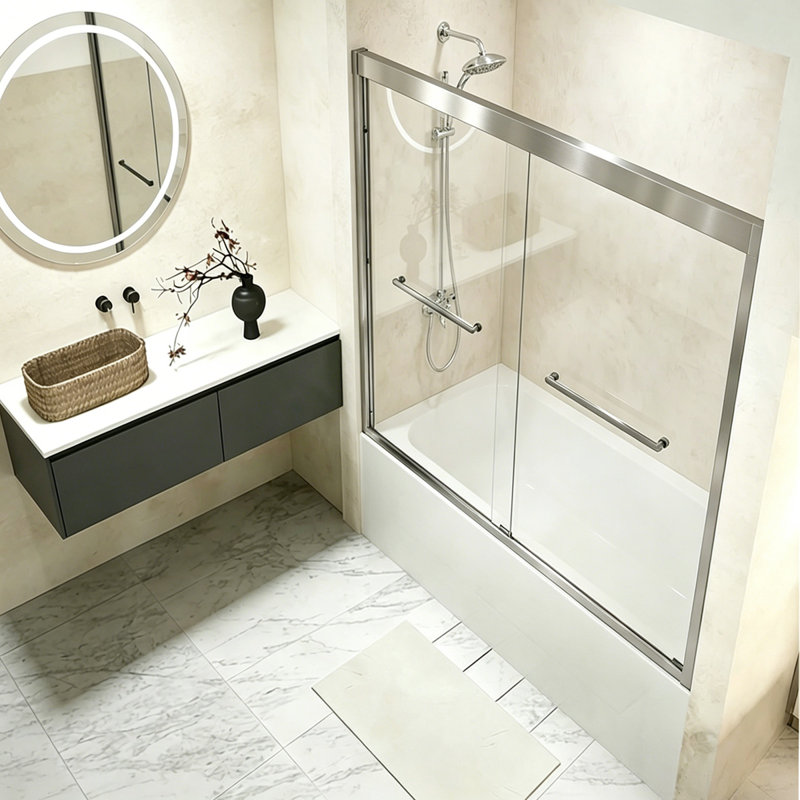 DAQING Modern 60"W x 60"H Brushed Nickel Premium Aluminum Frame Double Sliding Framed Shower Door | 1/4"(6mm) Explosion Proof Tempered Glass with Safety Film, Heavy Duty Stainless Steel Handle
