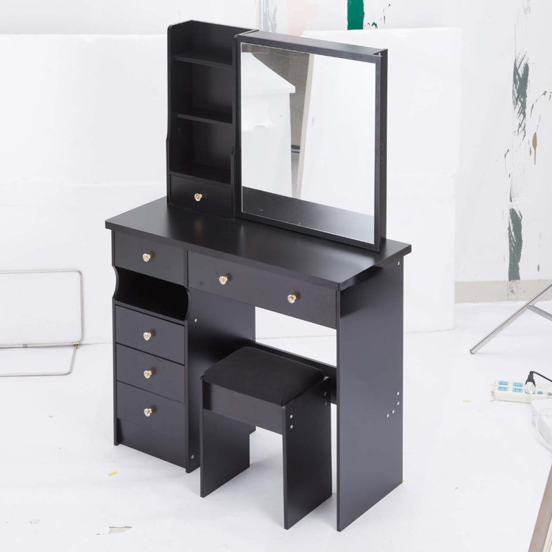 Tabouret de meuble-lavabo de 37 po de taille moyenne avec tiroir à gauche, très grand miroir coulissant à droite, rangement multi-couches à grande capacité, commode pratique et pratique, convient aux grands espaces