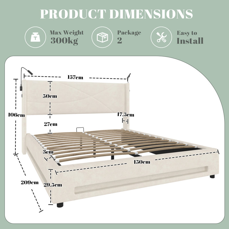 Upholstered Ottoman Storage Bed, Beige, Kingsize (5')