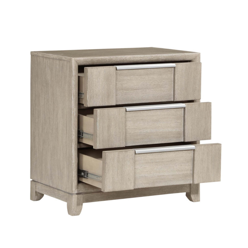 Table de chevet moderne à 3 tiroirs avec port de charge, finition gris clair pour un rangement élégant et pratique