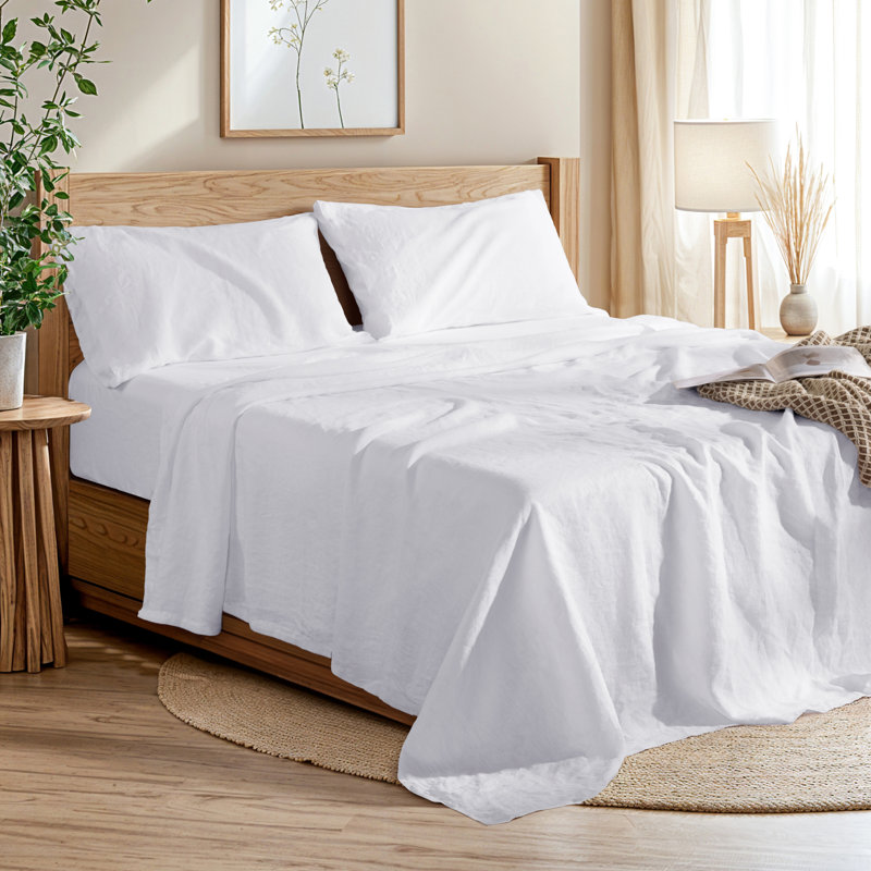 Natural Linen Cotton Bed Sheets Set，Deep Pocket- 4 Pcs, Queen, White