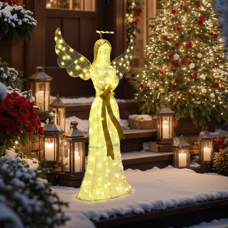 Décoration de Noël d'extérieur ange illuminé avec nœud doré 4,1 pi