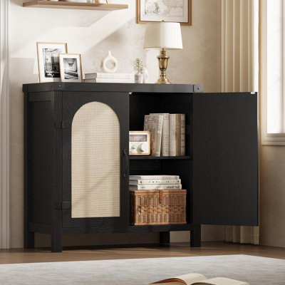 29.9'' Small Rattan Buffet Cabinet with Storage, Kitchen Coffee Bar Cabinet with Doors, Boho Farmhouse  Sideboard with Adjustable Shelves and Handle for Kitchen, Living Room, Black