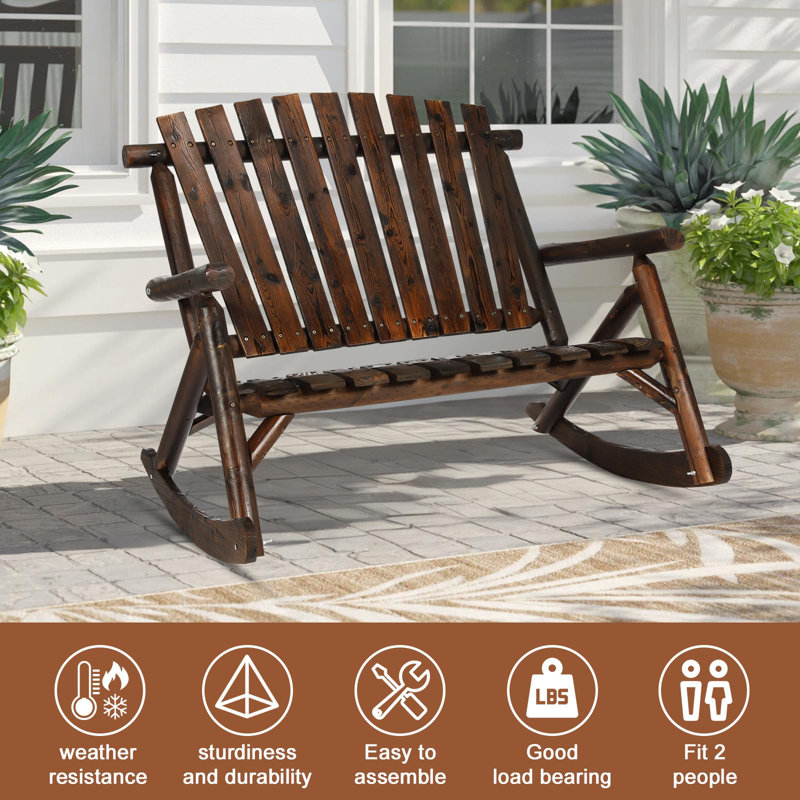 Rustic Carbonized Wood 2-Person Outdoor Rocking Bench