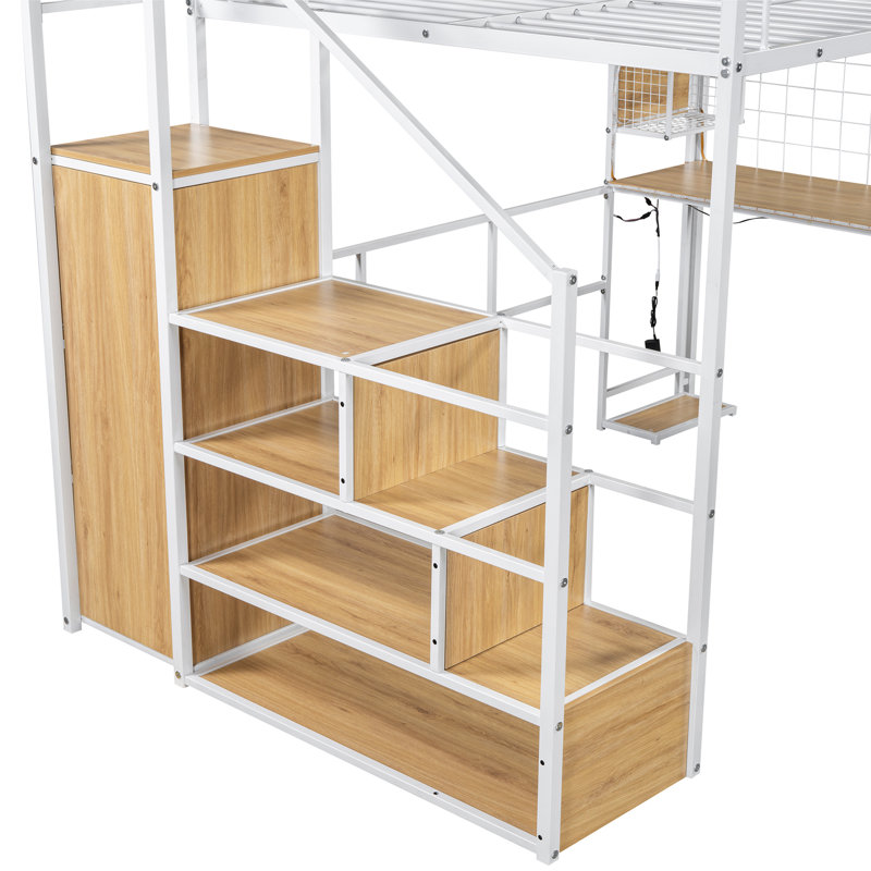 Innovative Metal Loft Bed With Integrated Work Station, Wardrobe, Storage Staircase And LED Lighting, Ideal For Space - Saving And Comfortable Living