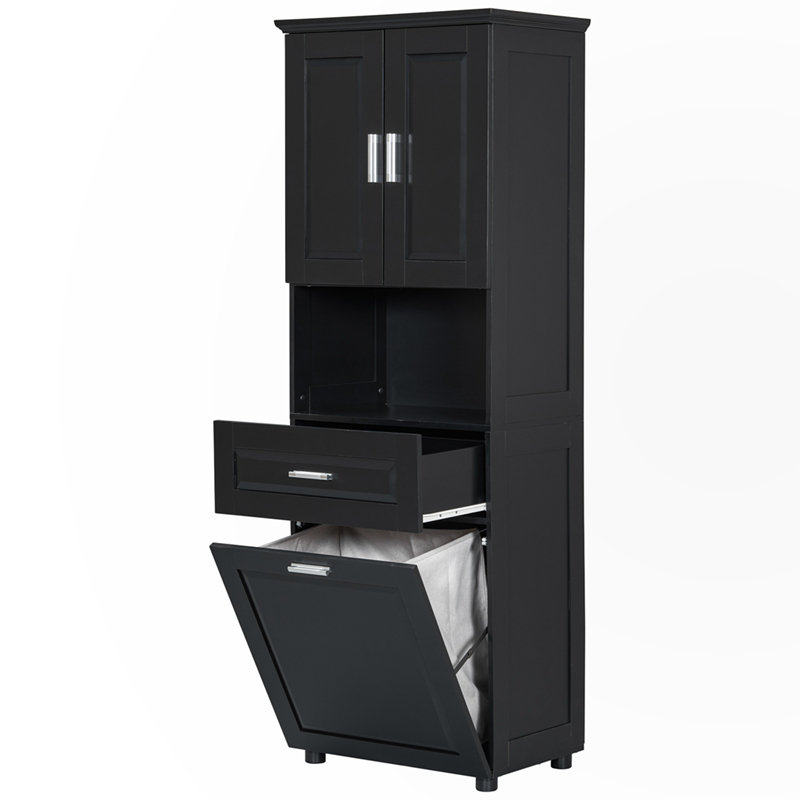Tall Bathroom Cabinet with Laundry Basket, Black