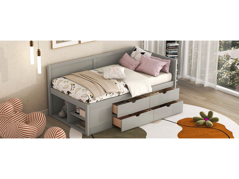 Daybed With Drawers And Shelves, Gray, Twin