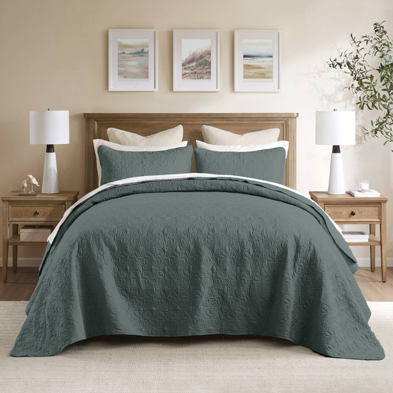 Ensemble de couvre-lit réversible Québec, Couvre-lit de très grande taille et 2 taies déco, Vert baume