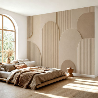 Wall Mural Peel and Stick Wallpaper Minimalist Beige Abstract Arch Shapes Ribbed Vertical Modern Wall Art Self-Adhesive Removable Contact Paper Wall Decor for Living Room Bedroom 69"H x 96"W