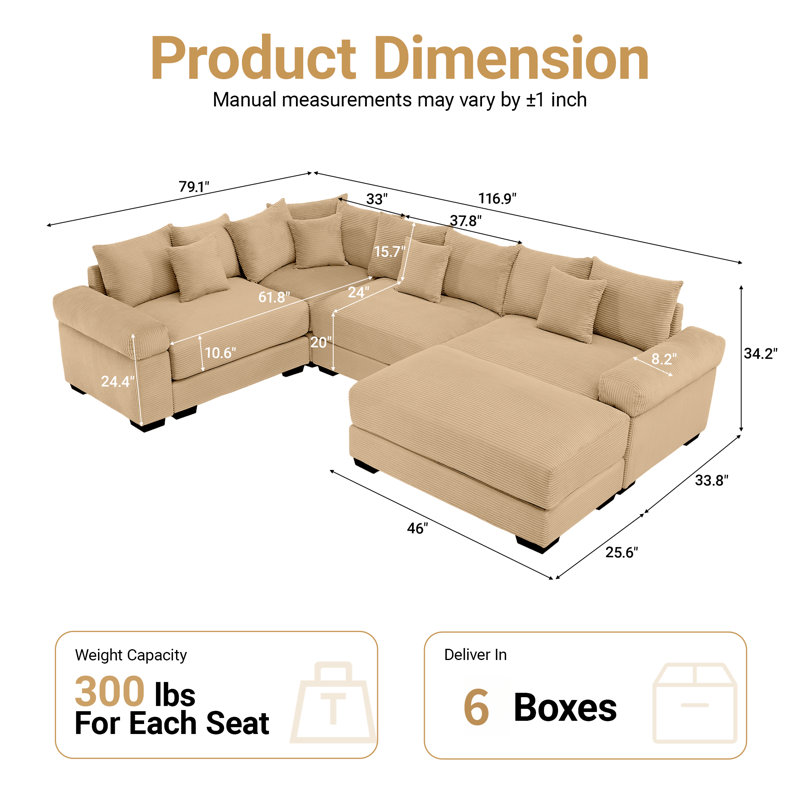 116.9" Corduroy Sectional Corner Sofa 5 Piece Oversized Modular Deep Seat Cloud Couch With Upholstered Movable Ottoman