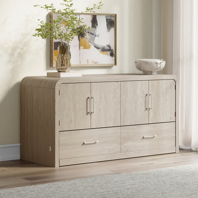 Console Juna Wood Queen à quatre portes avec matelas et coins arrondis, moisson gris bouleau