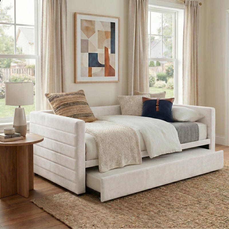 Lit de jour rembourré avec couchette allongée, Beige