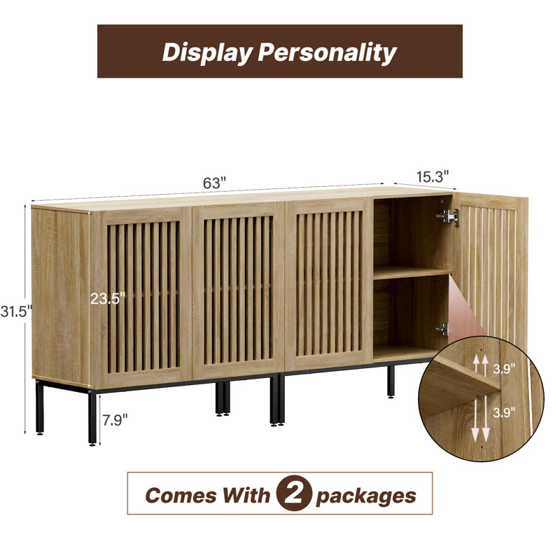 Oak 6-Door Buffet Cabinet with Metal Base and Adjustable Shelves