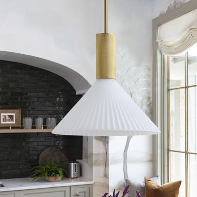 Luminaire suspendu en or poli 1 lumière avec abat-jour conique en verre plissé blanc, tringle réglable, homologué ETL