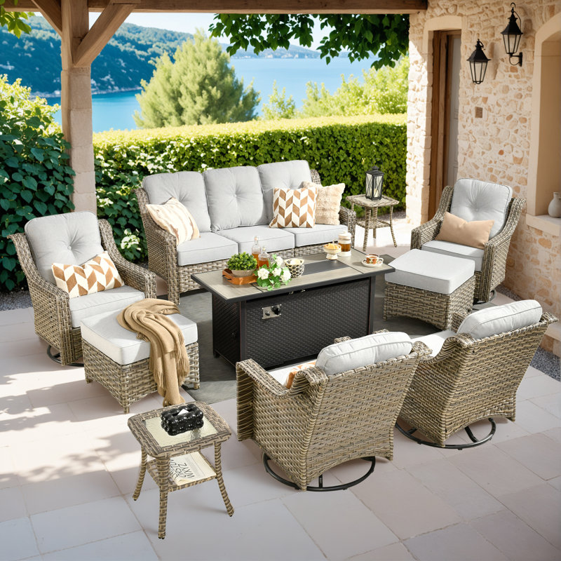 10- Person Rattan Outdoor Seating Group With Swivel Rockers and Fire Pit Table, Light Gray