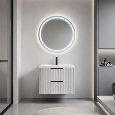 30 Inch Bathroom Vanity Cabinet With Ceramic Sink - Wall Mounted Floating Fluted Vanity With Drawers, Modern