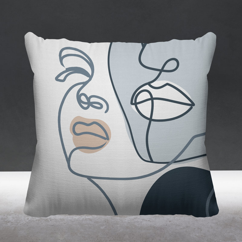 Coussin décoratif intérieur / extérieur Conte Minimalist Line Face, L 17 po x H 17 po, gris