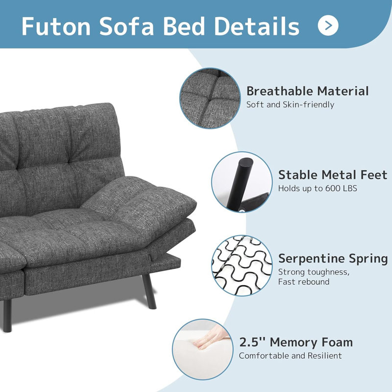 71" Futon Couch,Convertible Futon Sofa Bed,Memory Foam Sleeper Sofa,Adjustable Modern Loveseat,Futon Sets, Sofa Bed For Compact Living Room,Apartment,Office