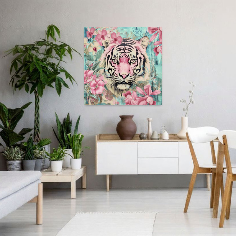 Tigre rose de la jungle - Affiche murale abstraite contemporaine représentant un tigre et une fleur, 36" H x 36" W