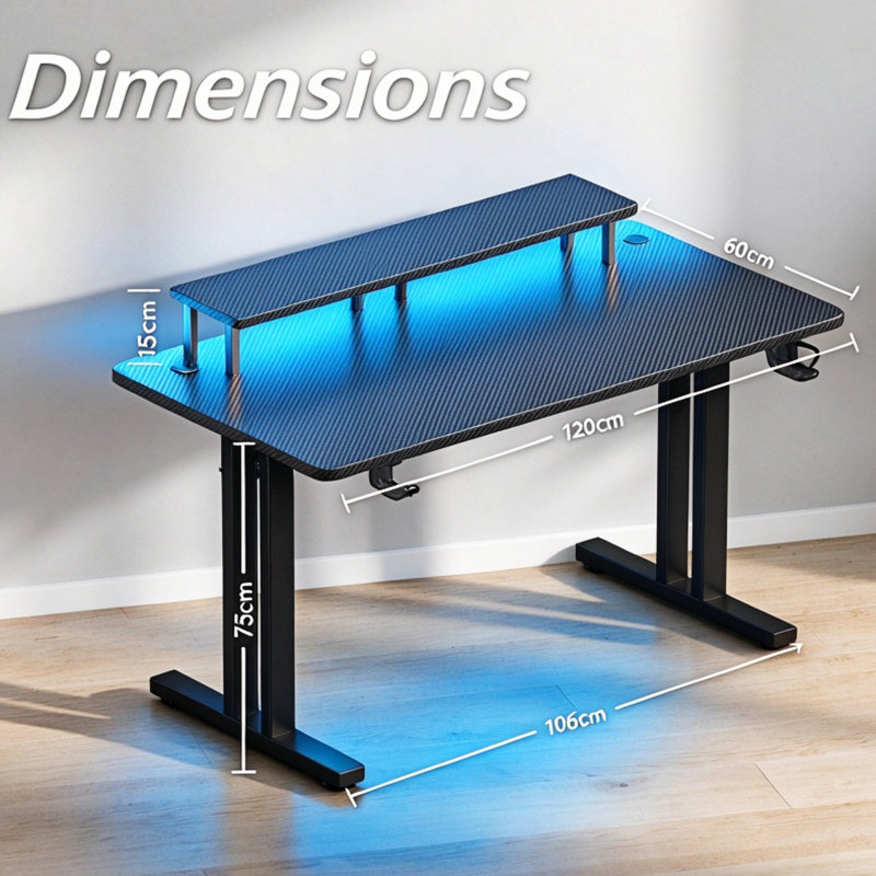 Multi-Purpose Home Office & Gaming Desk, Ergonomic Carbon Fibre Table with LED Lights, Built-in Monitor Stand, Supplied with Cup Holder, Headphone Hook & Mouse Pad, Black
