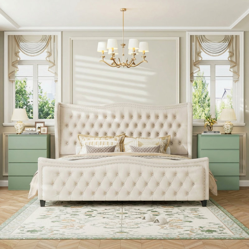 ON SALE 3-Piece Bedroom Sets, Tufted Velvet Upholstered Wingback Bed & 2-Piece 4-Drawer Nightstands, Cream White, King, Green