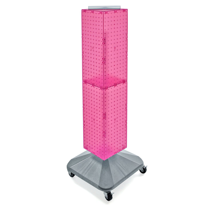 Four-Sided Pegboard Floor Display on Revolving Wheeled Base. Spinner Rack Tower.