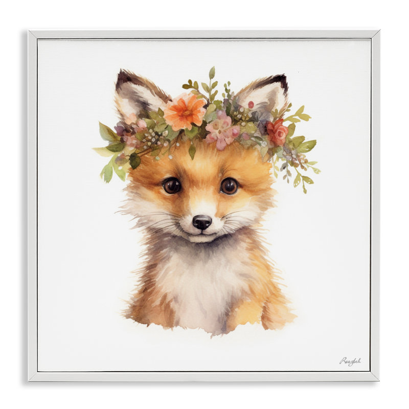 Couronne de fleurs Woodland Fox, giclée par Roozbeh, H 17 po x l 17 po, Giclée encadrée blanc bord de mer