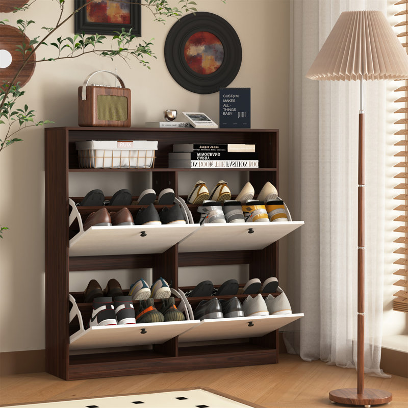 Armoire à chaussures avec 4 tiroirs rabattables, Noyer