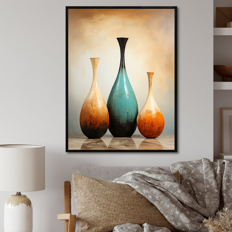 Art contemporain bleu poterie I - Boho Pottery, décoration murale, Cadre flottant noir, 40" H x 30" W