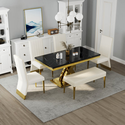 Ensemble de table de salle à manger de luxe 6 pièces en faux marbre et or avec 4 chaises et un banc en cuir blanc