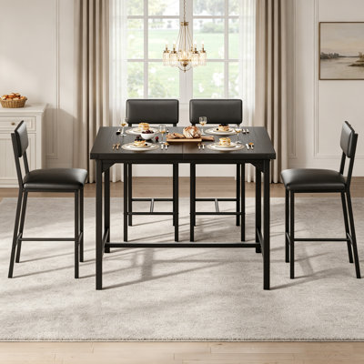 Space-Saving 5-Piece Counter Height Dining Table Set – 4 Upholstered Bar Chairs with Footrest, Metal Corner Guards – Kitchen Table for Dining Room, Apartment – Rustic Embossed Black, Embossed Black