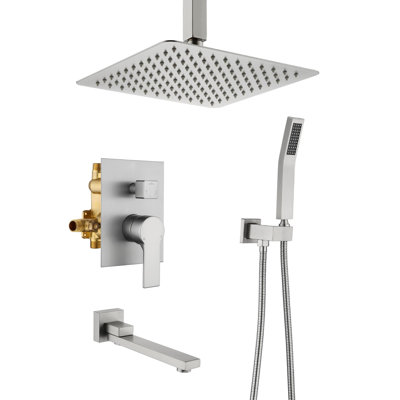 Système de douche de baignoire au plafond de 10 pouces avec douche à main à poignée simple et ensemble de garniture de douche à haute pression en laiton avec valve brute
