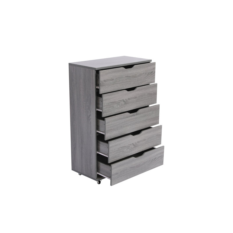 Commode à 5 tiroirs grise avec roulettes - Armoire de rangement moderne