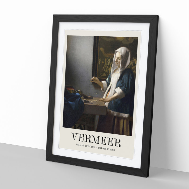 Woman Holding a Balance Print by Johannes Vermeer - Picture Frame Painting, Black, 36cm H x 27cm W x 2cm D