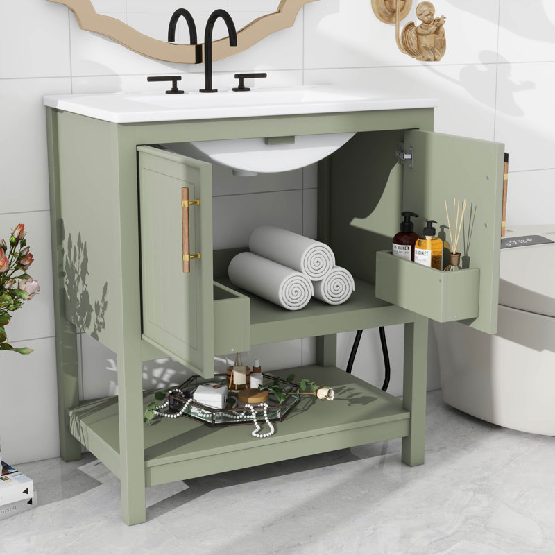 Le meuble-lavabo de 30 pouces est livré avec un lavabo en céramique et un rangement flexible, Vert