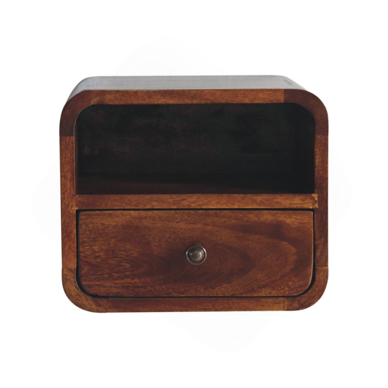 Extra Mini Wall-Mounted Curved Chestnut Nightstand, Open Slot, 1-Drawer, Brown