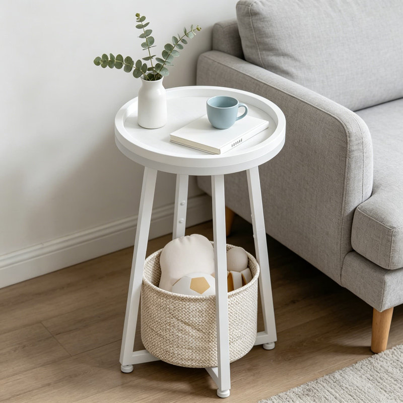 Petite table d'appoint ronde, table de bout à 2 niveaux pour canapé, table de chevet compacte avec panier de rangement en lin de coton pour le salon, la chambre à coucher, le dortoir