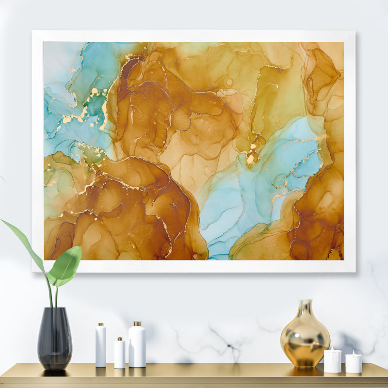 «Brown Luxury Abstract Fluid», peinture sur toile, H 34 po x l 44 po x P 1,5 po, Cadre photo blanc