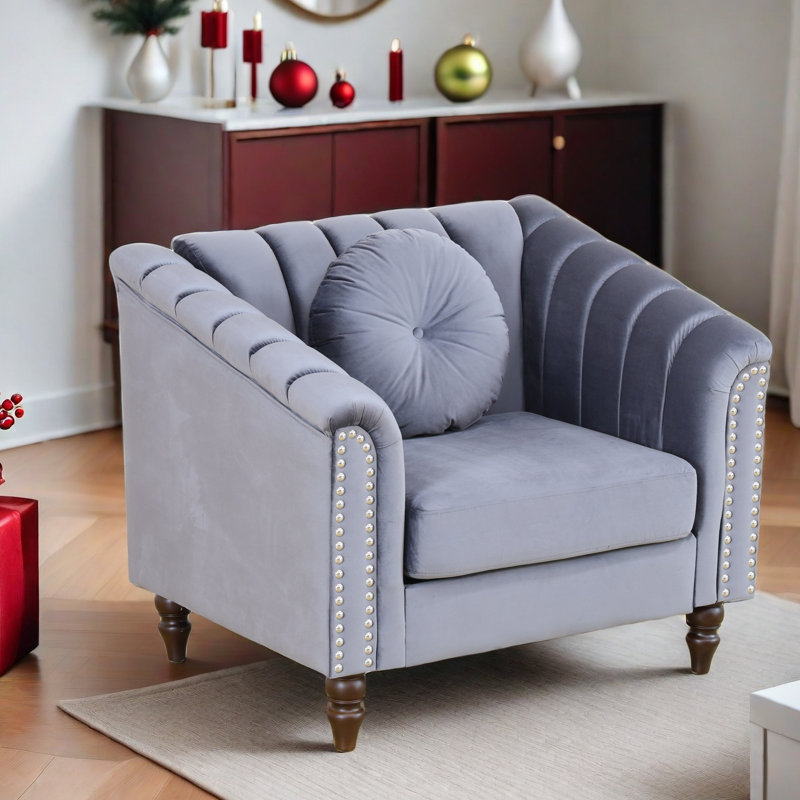 Mikole Velvet Chesterfield Chair, Gray Velvet